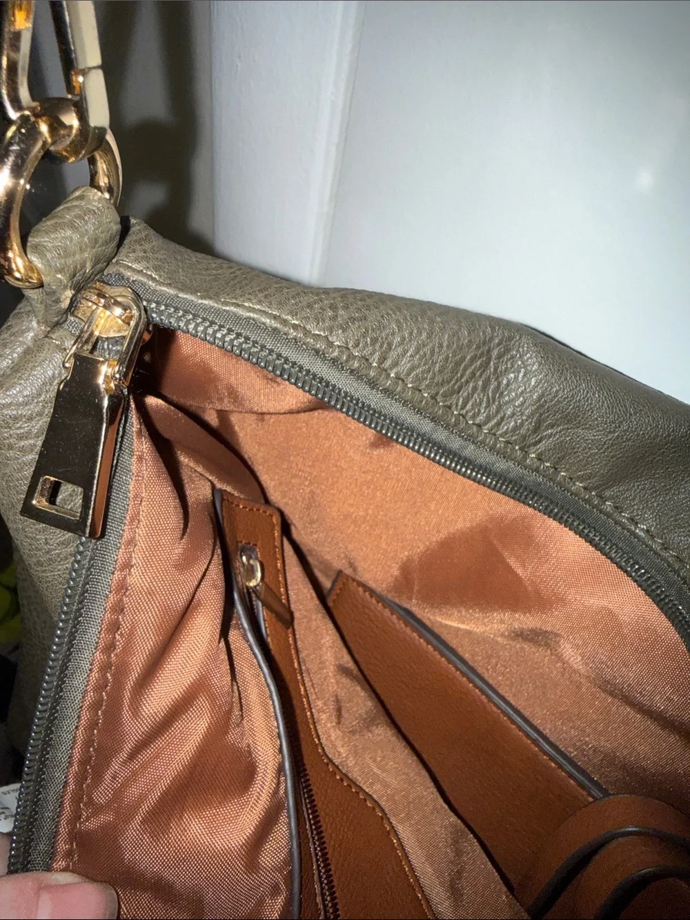 Two-Tone Shoulder Tote Bag in Brown and Olive